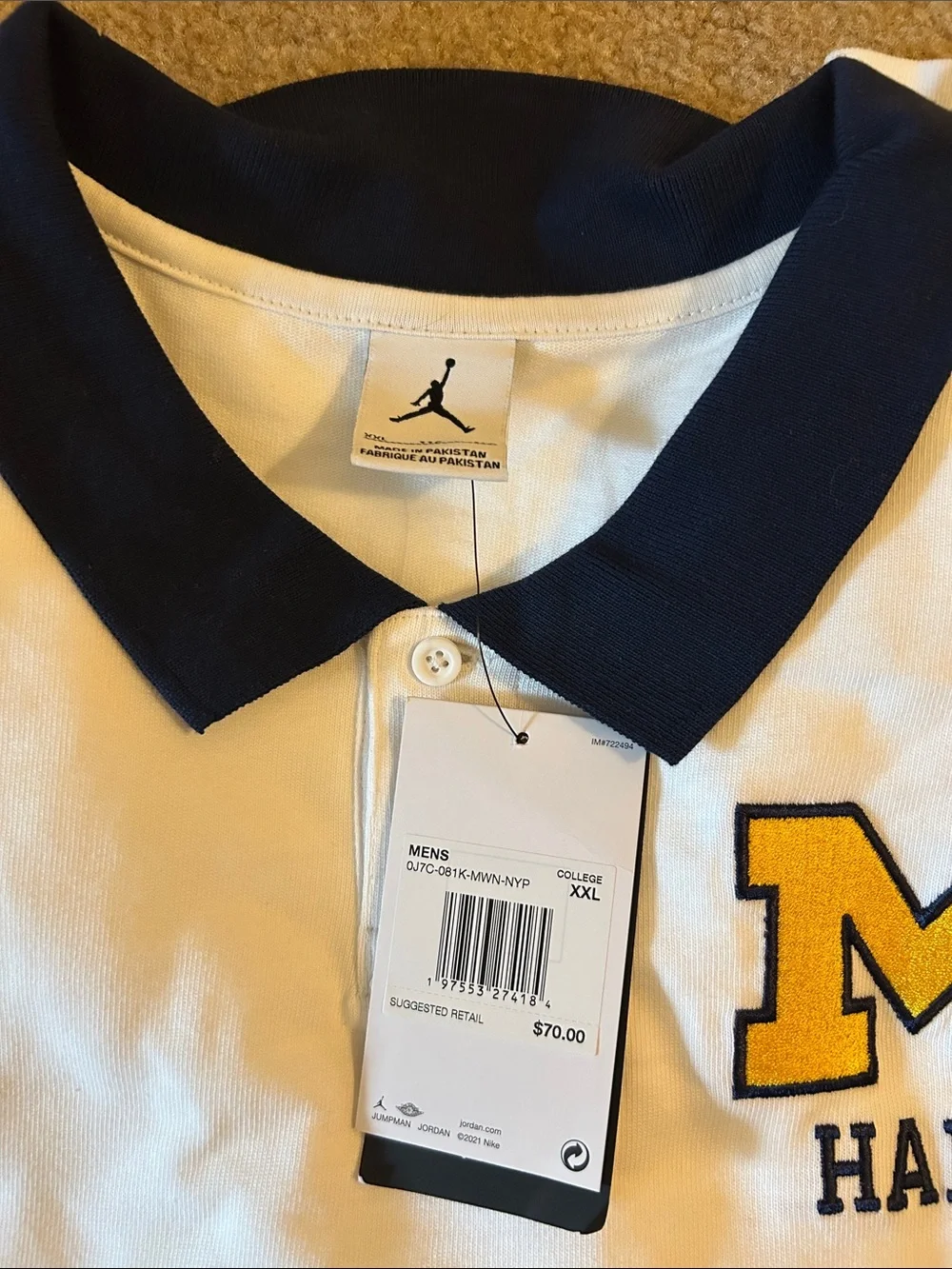 Michigan Jordan Men’s White Polo with Navy Collar
